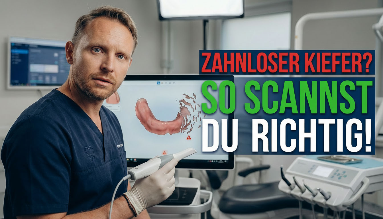 Ein Zahnarzt hält einen Intraoralscanner und zeigt ein 3D-Modell eines zahnlosen Kiefers auf einem Bildschirm.
