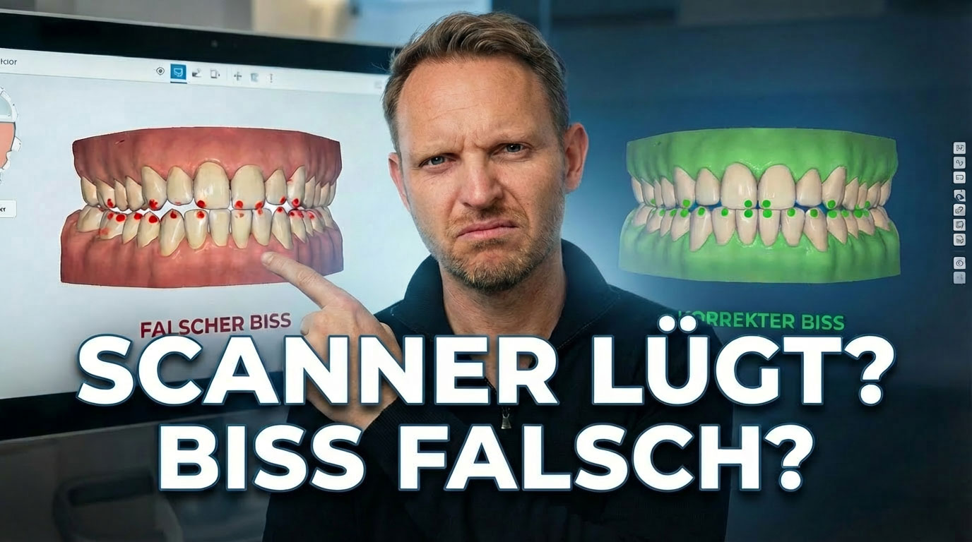 Ein Mann zeigt auf einen Monitor, der einen falschen und einen korrekten Biss visualisiert. Links ein Modell mit roten Punkten, rechts eines mit grünen Punkten.