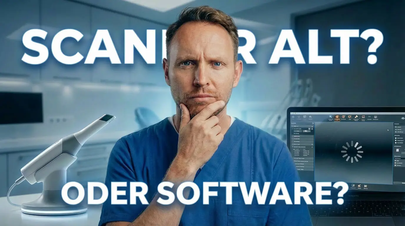 Ein nachdenklicher Mann in blauen OP-Kleidung blickt in die Kamera; im Hintergrund ein Intraoralscanner und ein Laptop mit Ladebildschirm.