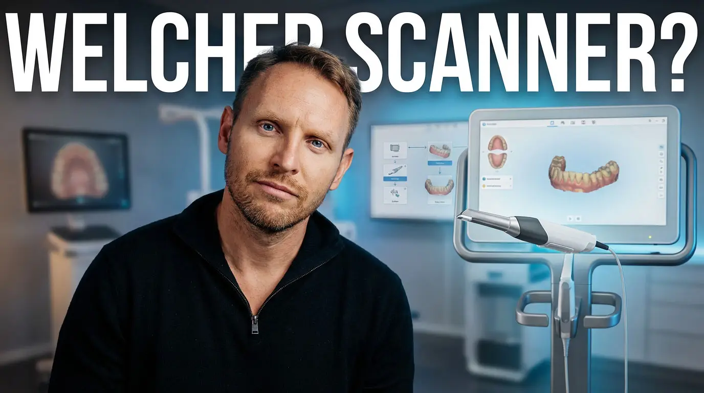 Ein Mann blickt in die Kamera, im Hintergrund ein Intraoralscanner mit Bildschirm, der ein 3D-Zahnmodell zeigt.