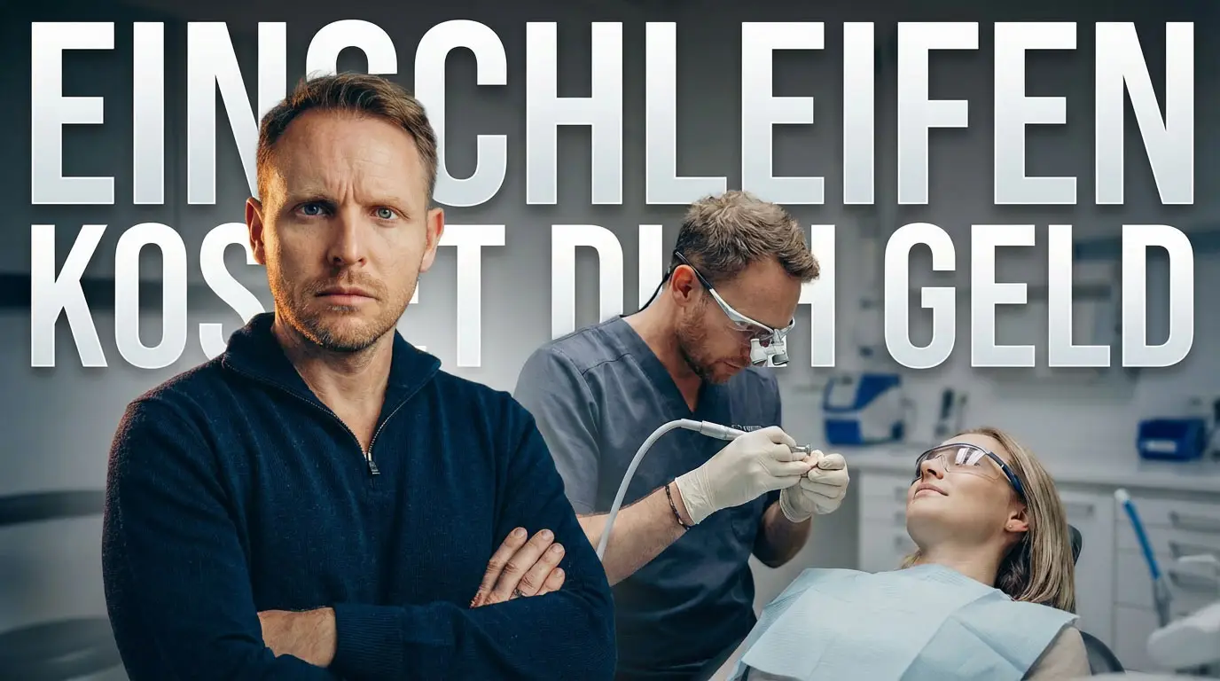 Mann mit verschränkten Armen vor der Praxis. Ein Zahnarzt schleift die Zähne einer Patientin ein.